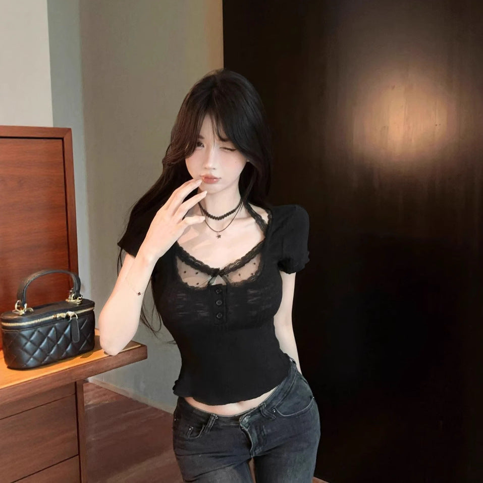 Elegant V-neck Lace Splicing Short Sleeve T-shirt Fake Two-piece Fitted Top