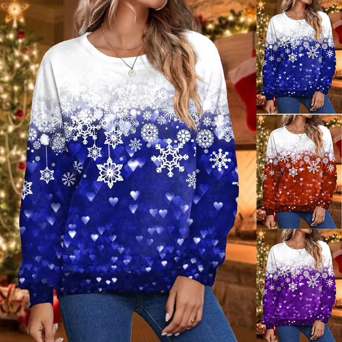 Christmas Snowflake New Printed Women's Loose Casual Round Neck Hoodie