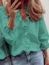 Load image into Gallery viewer, Full Size Ruffled V-Neck Long Sleeve Blouse
