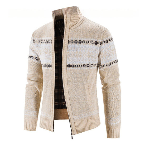 Color blocked Christmas snowflake stand up collar warm cardigan knitted jacket