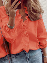 Load image into Gallery viewer, Full Size Ruffled V-Neck Long Sleeve Blouse
