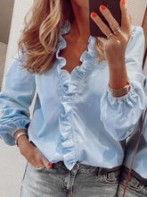 Load image into Gallery viewer, Full Size Ruffled V-Neck Long Sleeve Blouse
