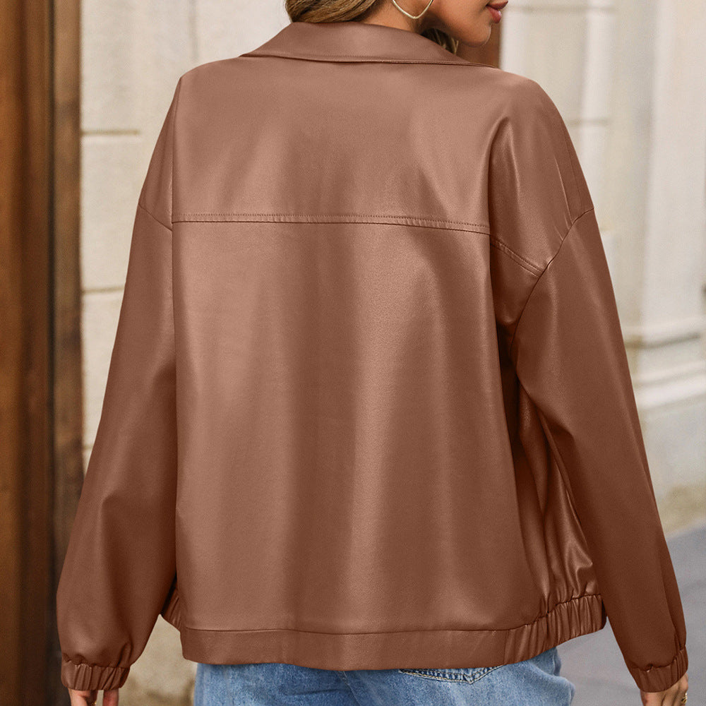 Casual Long Sleeve Solid Color PU Lapel Jacket