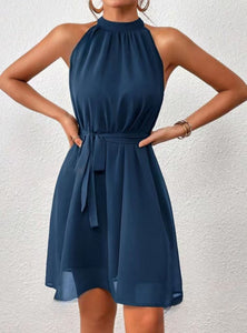 Strapless Solid Color Chiffon High Waist Lace-up Dress Women