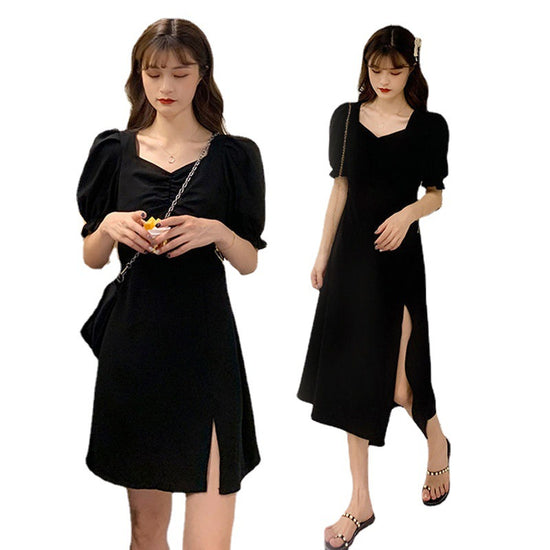 Slimming Dress with Elegant Square Neck, Waist-Cinching Slit French Style Black Hepburn A-Line Dress