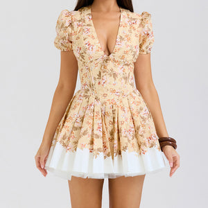 Deep V-print waist cinching fluffy mini skirt for women