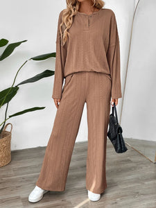 Quarter Button Long Sleeve Top and Pants Set