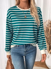 Load image into Gallery viewer, Striped Contrast Round Neck Long Sleeve Sweatshirt
