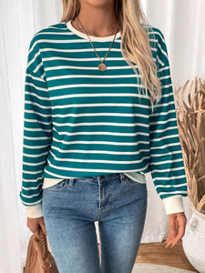 Striped Contrast Round Neck Long Sleeve Sweatshirt