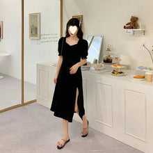 Load image into Gallery viewer, Slimming Dress with Elegant Square Neck, Waist-Cinching Slit French Style Black Hepburn A-Line Dress
