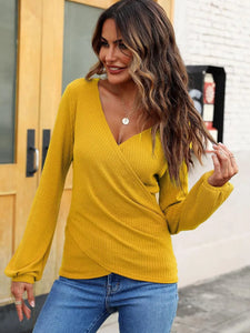 Women's long sleeved wrap top sexy casual waffle knit V-neck shirt solid color