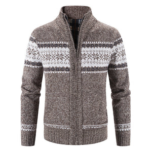 Color blocked Christmas snowflake stand up collar warm cardigan knitted jacket