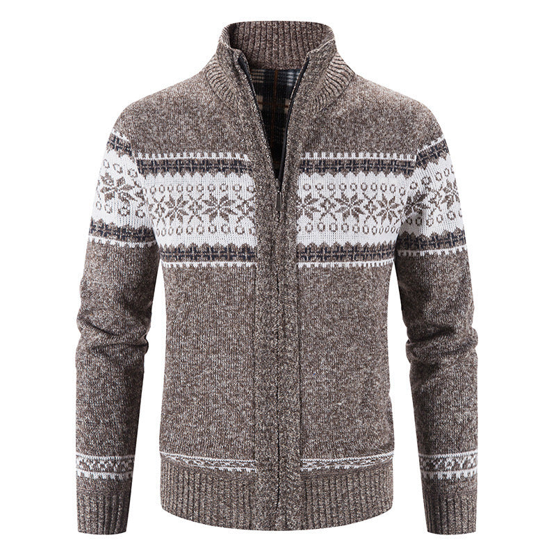 Color blocked Christmas snowflake stand up collar warm cardigan knitted jacket