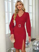Load image into Gallery viewer, Slit V-Neck Long Sleeve Knee Length Dress
