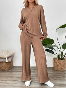 Quarter Button Long Sleeve Top and Pants Set