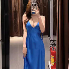Load image into Gallery viewer, Blue French Silky Satin Halter Spaghetti Straps Dress
