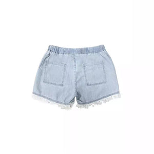 High waisted drawstring fringed denim shorts for women