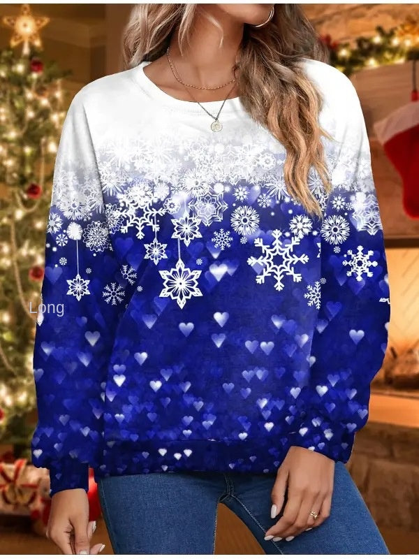 Christmas Snowflake New Printed Women's Loose Casual Round Neck Hoodie