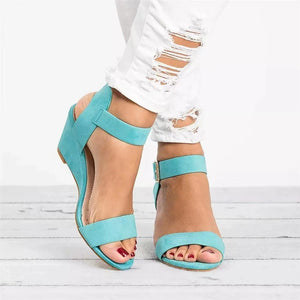 Women's Solid ColorOpen Toe One line Buckle Elevated Slope Heel Sandals