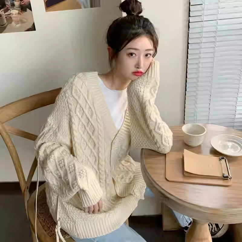 Women's Loose V-neck Cardigan Fried Dough Twists Sweater