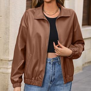 Casual Long Sleeve Solid Color PU Lapel Jacket