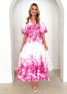 Strap print fairy style medium long style dress with a large swingmen