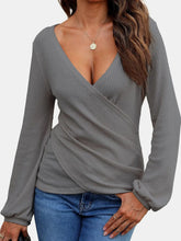 Load image into Gallery viewer, Women&#39;s long sleeved wrap top sexy casual waffle knit V-neck shirt solid color
