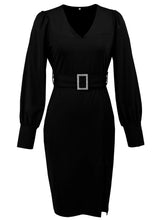 Load image into Gallery viewer, Slit V-Neck Long Sleeve Knee Length Dress
