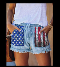 Load image into Gallery viewer, High waisted drawstring fringed denim shorts for women
