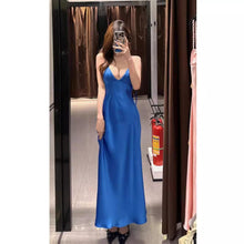 Load image into Gallery viewer, Blue French Silky Satin Halter Spaghetti Straps Dress
