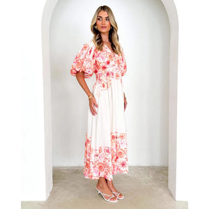 Strap print fairy style medium long style dress with a large swingmen