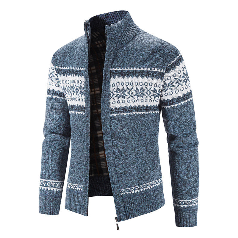Color blocked Christmas snowflake stand up collar warm cardigan knitted jacket