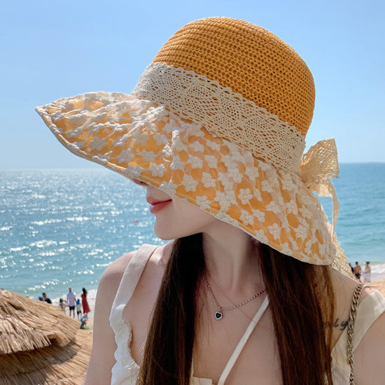Lace Bow Straw Fisherman Hat