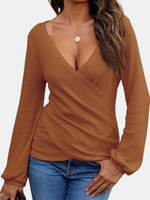 Load image into Gallery viewer, Women&#39;s long sleeved wrap top sexy casual waffle knit V-neck shirt solid color

