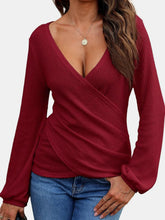 Load image into Gallery viewer, Women&#39;s long sleeved wrap top sexy casual waffle knit V-neck shirt solid color

