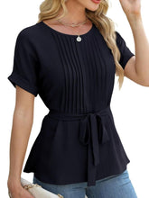 Load image into Gallery viewer, Casual Shirt Ruffled Pleated Round Neck Short Sleeve Top
