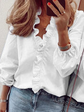 Load image into Gallery viewer, Full Size Ruffled V-Neck Long Sleeve Blouse
