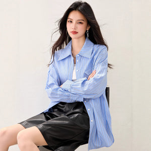 French Lazy Style Stripe Shirt Women Casual Loose Commute Vintage  Style Unique Blouse