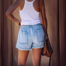 Load image into Gallery viewer, High waisted drawstring fringed denim shorts for women
