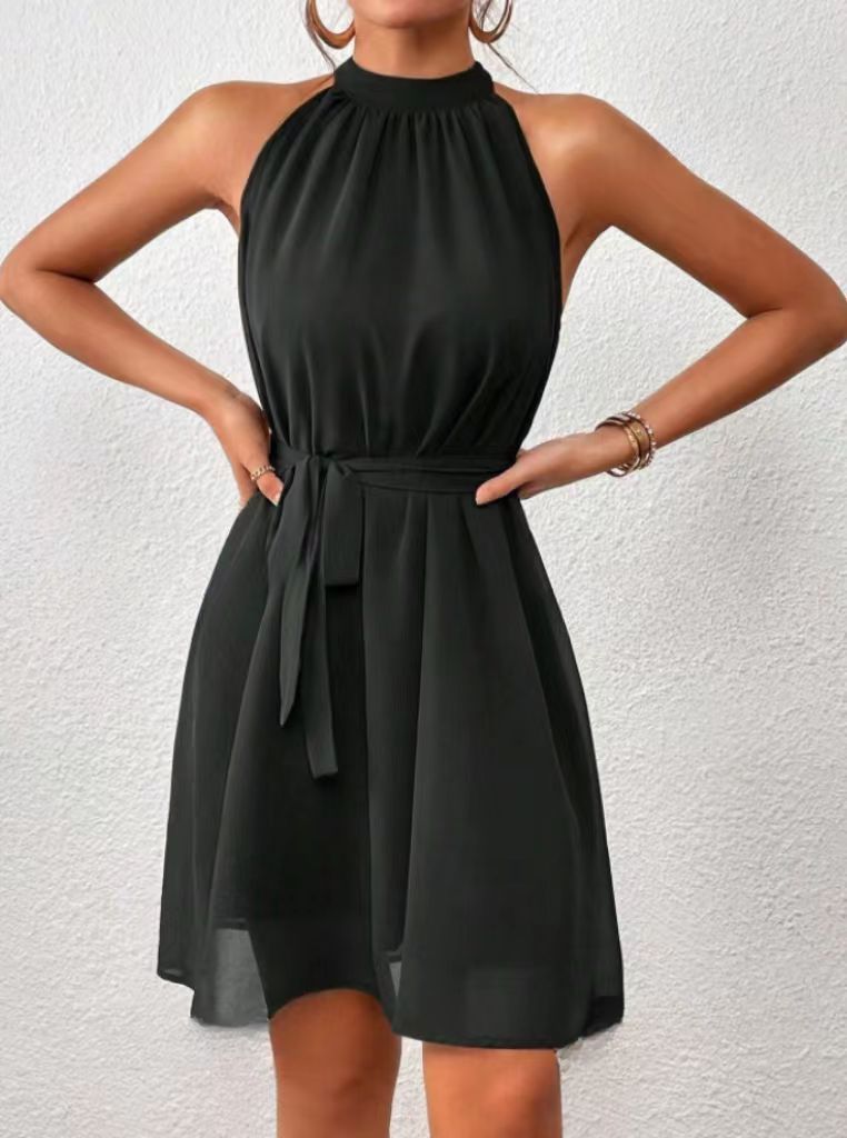Strapless Solid Color Chiffon High Waist Lace-up Dress Women