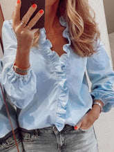 Load image into Gallery viewer, Full Size Ruffled V-Neck Long Sleeve Blouse
