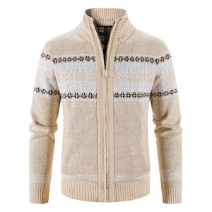 Color blocked Christmas snowflake stand up collar warm cardigan knitted jacket