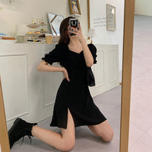 Load image into Gallery viewer, Slimming Dress with Elegant Square Neck, Waist-Cinching Slit French Style Black Hepburn A-Line Dress
