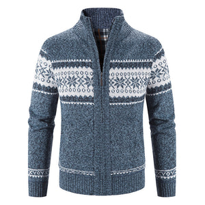 Color blocked Christmas snowflake stand up collar warm cardigan knitted jacket