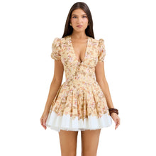 Load image into Gallery viewer, Deep V-print waist cinching fluffy mini skirt for women
