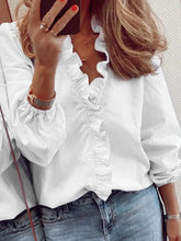 Load image into Gallery viewer, Full Size Ruffled V-Neck Long Sleeve Blouse
