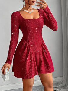 Long sleeved square neck dress sexy dress solid color autumn