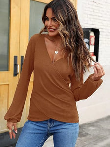 Women's long sleeved wrap top sexy casual waffle knit V-neck shirt solid color