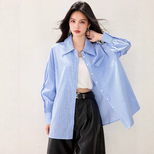 French Lazy Style Stripe Shirt Women Casual Loose Commute Vintage  Style Unique Blouse
