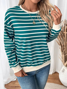 Striped Contrast Round Neck Long Sleeve Sweatshirt